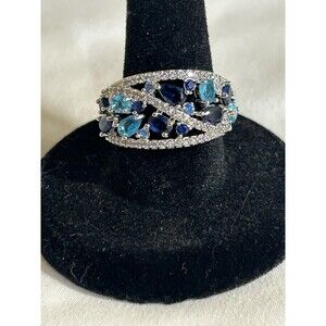 Silver Tone Wide Band Cocktail Ring  Light And Dark Blue Stones Size7.75 J-229